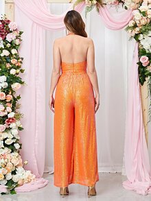 Double Crazy Cut Out Backless Wide Leg Jumpsuit - Orange - View 2