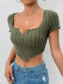 SHEIN PETITE Notched Neck Hanky Hem Crop Tee - Army Green - View 3