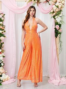 Double Crazy Cut Out Backless Wide Leg Jumpsuit - Orange - View 3