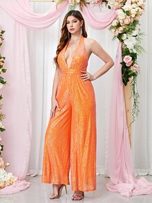 Double Crazy Cut Out Backless Wide Leg Jumpsuit - Orange - View 4