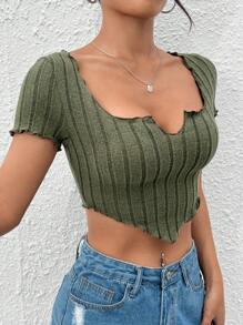 SHEIN PETITE Notched Neck Hanky Hem Crop Tee - Army Green - View 4