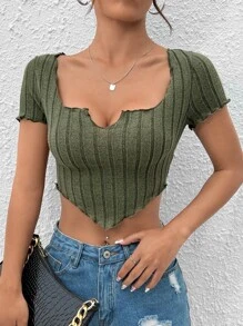 SHEIN PETITE Notched Neck Hanky Hem Crop Tee - Army Green - View 5