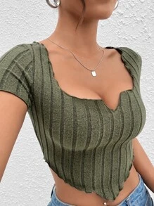 SHEIN PETITE Notched Neck Hanky Hem Crop Tee - Army Green - View 7