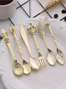 复古欧式宫廷餐具6件套（带随机叉子）学校用品、圣诞节礼物 - 金色 - 查看 1