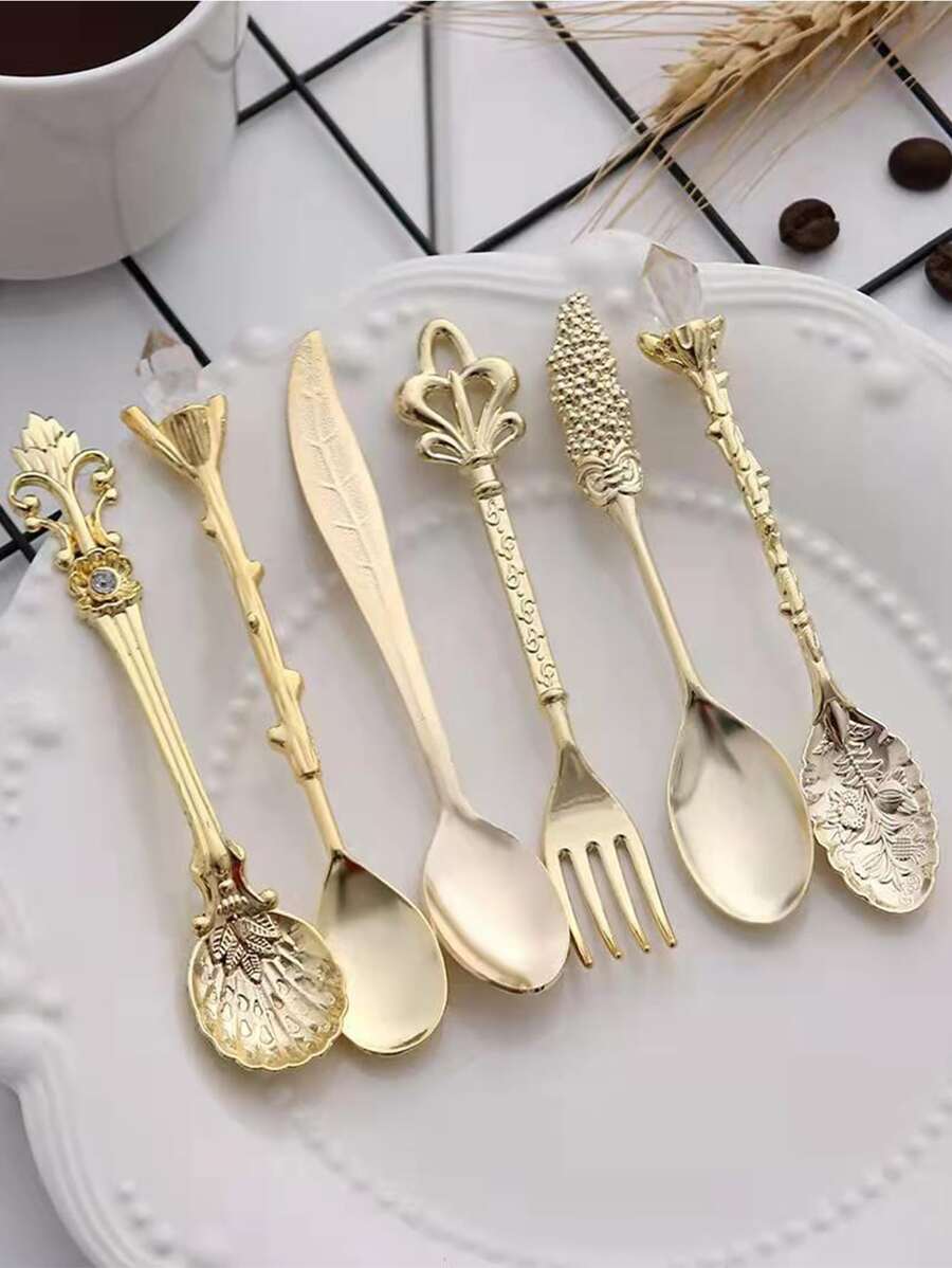 复古欧式宫廷餐具6件套（带随机叉子）学校用品、圣诞节礼物 - 金色 - 查看 1
