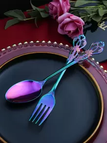 2 Piezas Set De Cuchara Y Tenedor De Relieve Hueco - Multicolor - Ver 1