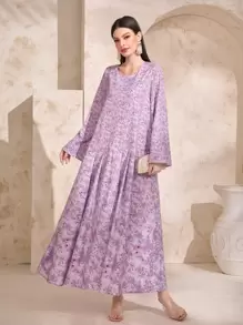 Al Najma Allover Print Trumpet Sleeve Smock Dress - Multicolor - View 1