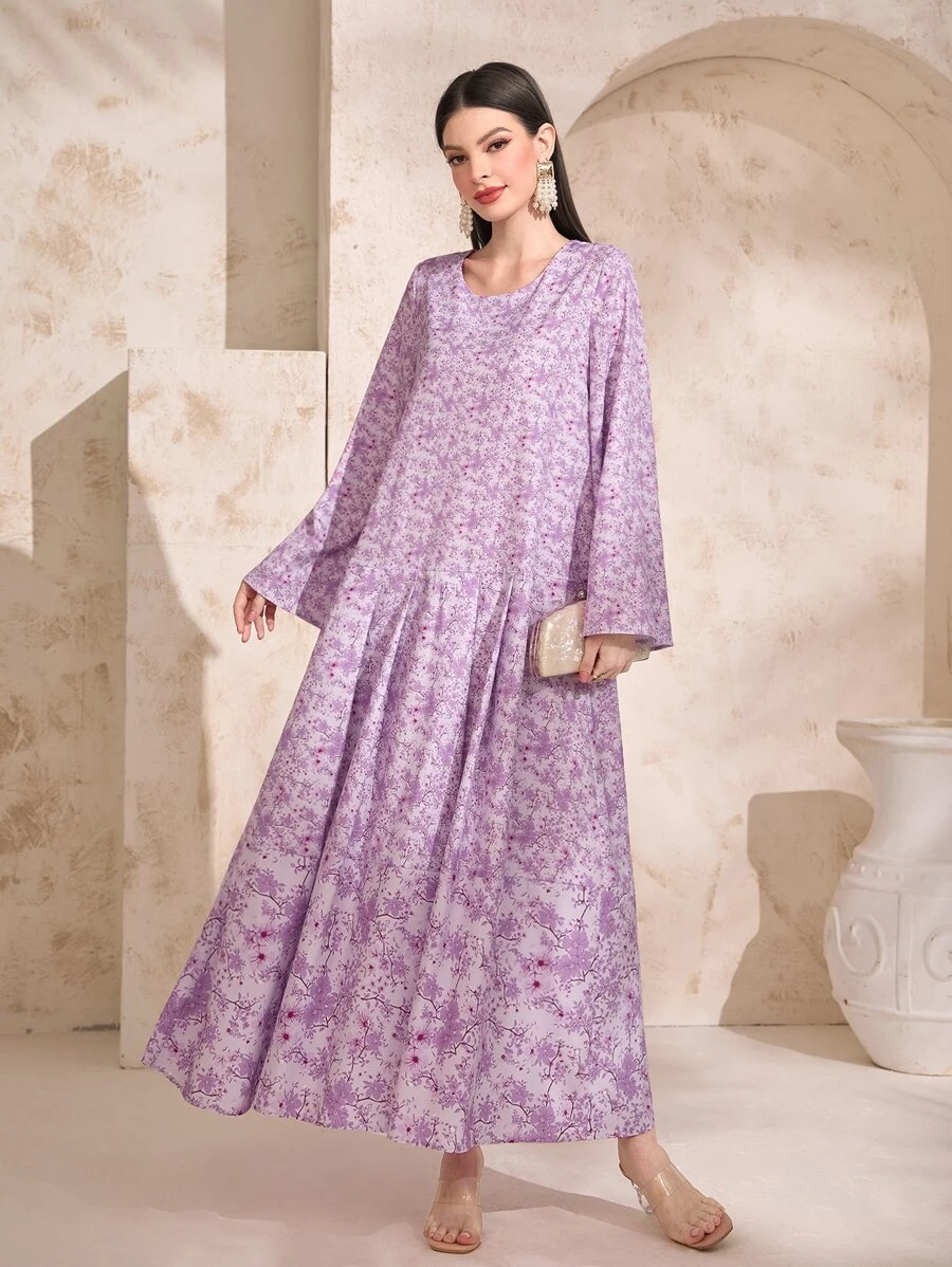 Al Najma Allover Print Trumpet Sleeve Smock Dress - Multicolor - View 1