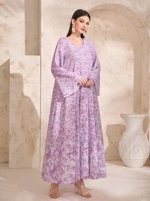 Al Najma Allover Print Trumpet Sleeve Smock Dress - Multicolor - View 3