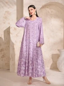 Al Najma Allover Print Trumpet Sleeve Smock Dress - Multicolor - View 4