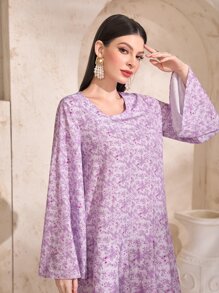 Al Najma Allover Print Trumpet Sleeve Smock Dress - Multicolor - View 5