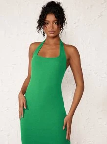 SHEIN BASICS Solid Halter Neck Backless Ribbed Knit Bodycon Dress - Green - View 6