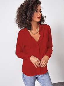 SHEIN Slayr Solid Button Front Shirt - Red - View 4