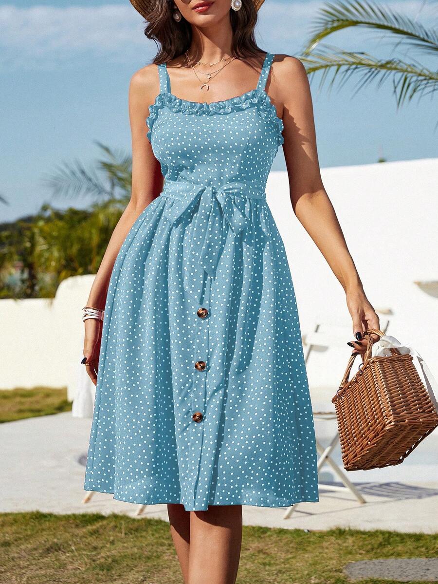 SHEIN VCAY Polka Dot Frill Trim Belted Cami Dress - Blue - View 1