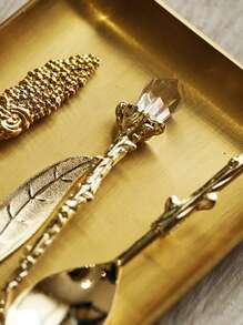 复古欧式宫廷餐具6件套（带随机叉子）学校用品、圣诞节礼物 - 金色 - 查看 5