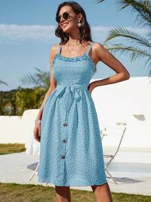 SHEIN VCAY Polka Dot Frill Trim Belted Cami Dress - Blue - View 3