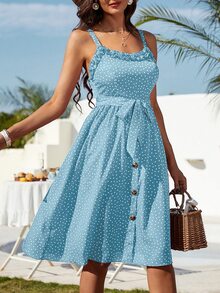 SHEIN VCAY Polka Dot Frill Trim Belted Cami Dress - Blue - View 5