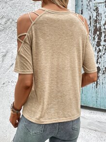 SHEIN LUNE Áo thun nữ Cắt ra màu trơn Giải trí - Màu be - Xem 2