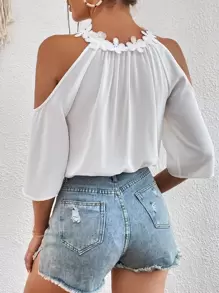 SHEIN VCAY Guipure Lace Trim Cold Shoulder Blouse - White - View 2