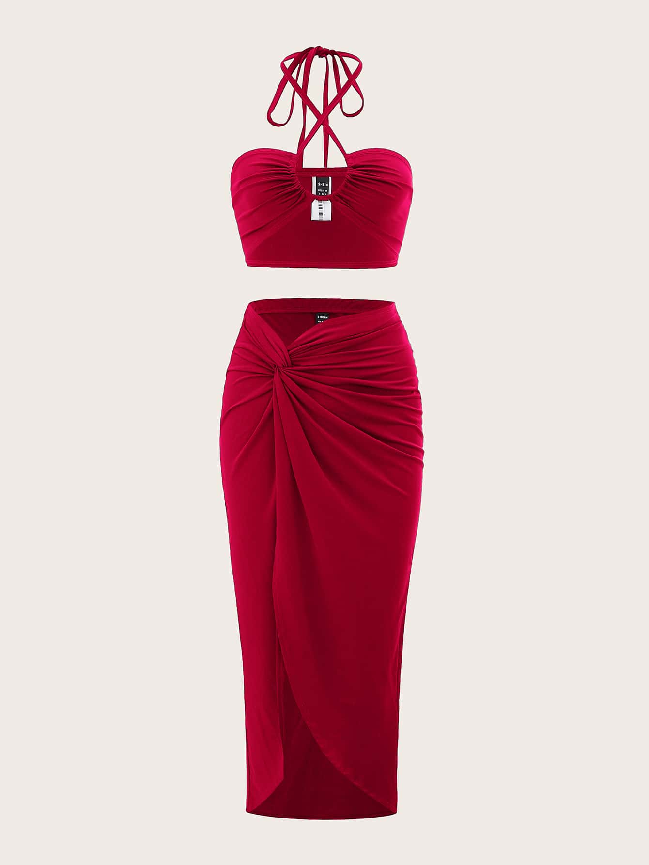 SHEIN ICON 後背繫帶掛脖上衣和前扭結半身裙 - 酒紅色 - 查看 1