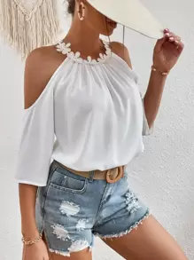 SHEIN VCAY Guipure Lace Trim Cold Shoulder Blouse - White - View 3