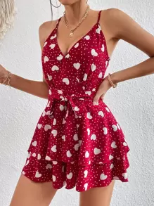 SHEIN VCAY 愛心圖案腰帶吊帶連體短褲 - 酒紅色 - 查看 3