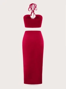 SHEIN ICON 後背繫帶掛脖上衣和前扭結半身裙 - 酒紅色 - 查看 2