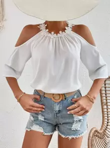 SHEIN VCAY Guipure Lace Trim Cold Shoulder Blouse - White - View 4