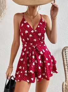 SHEIN VCAY 愛心圖案腰帶吊帶連體短褲 - 酒紅色 - 查看 1