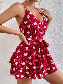 SHEIN VCAY 愛心圖案腰帶吊帶連體短褲 - 酒紅色 - 查看 5