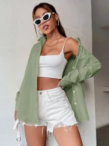 SHEIN Unity Women's Solid Color Drop Shoulder Long Sleeve Single-Breasted Casual Loose Shirt - Mint Green - View 1