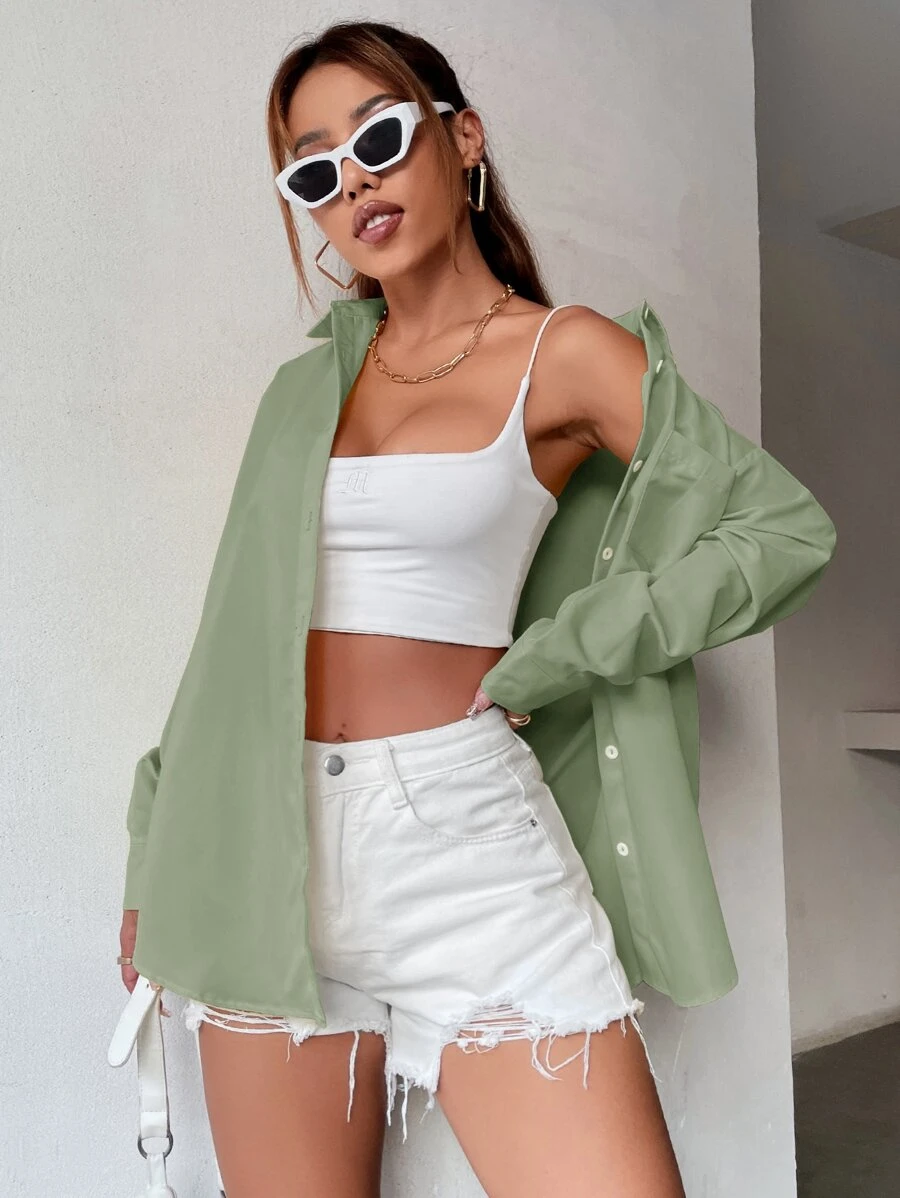 SHEIN Unity Women's Solid Color Drop Shoulder Long Sleeve Single-Breasted Casual Loose Shirt - Mint Green - View 1