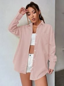 SHEIN Unity Solid Button Front Pocket Patched Drop Shoulder Shirt - Dusty Pink - View 3