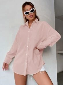 SHEIN Unity Solid Button Front Pocket Patched Drop Shoulder Shirt - Dusty Pink - View 4