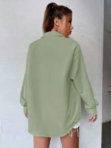 SHEIN Unity Women's Solid Color Drop Shoulder Long Sleeve Single-Breasted Casual Loose Shirt - Mint Green - View 2
