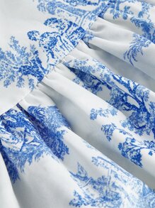 SHEIN MOD 人像和植物印花十字交叉後背繫帶胸部褶皺連衣裙 - 藍白色 - 查看 4