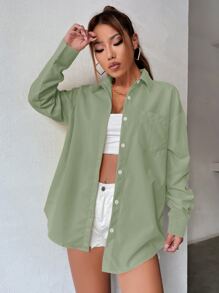 SHEIN Unity Women's Solid Color Drop Shoulder Long Sleeve Single-Breasted Casual Loose Shirt - Mint Green - View 3
