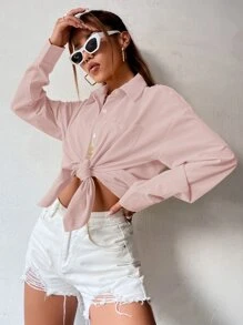 SHEIN Unity Solid Button Front Pocket Patched Drop Shoulder Shirt - Dusty Pink - View 6