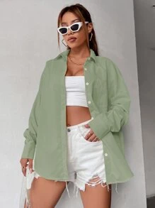 SHEIN Unity Women's Solid Color Drop Shoulder Long Sleeve Single-Breasted Casual Loose Shirt - Mint Green - View 5