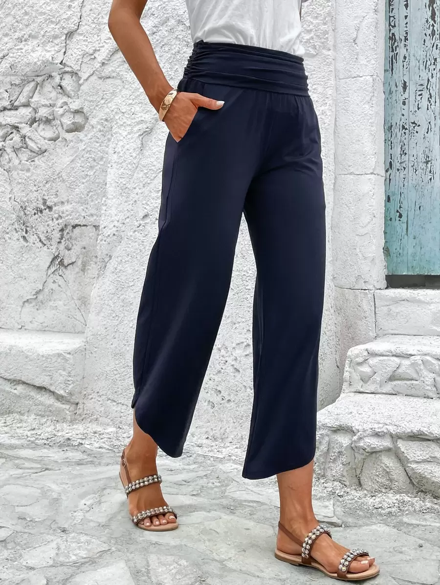 SHEIN LUNE Solid Slant Pocket Ruched Waist Straight Leg Trousers - Navy Blue - View 1