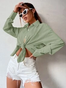 SHEIN Unity Women's Solid Color Drop Shoulder Long Sleeve Single-Breasted Casual Loose Shirt - Mint Green - View 6