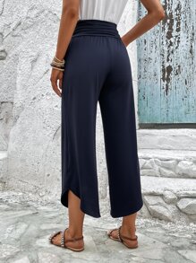SHEIN LUNE Solid Slant Pocket Ruched Waist Straight Leg Trousers - Navy Blue - View 2