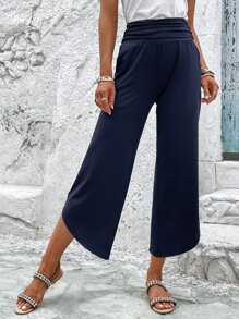 SHEIN LUNE Solid Slant Pocket Ruched Waist Straight Leg Trousers - Navy Blue - View 3