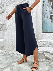 SHEIN LUNE Solid Slant Pocket Ruched Waist Straight Leg Trousers - Navy Blue - View 4