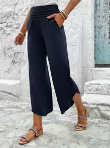 SHEIN LUNE Solid Slant Pocket Ruched Waist Straight Leg Trousers - Navy Blue - View 5