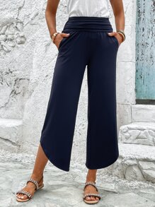 SHEIN LUNE Solid Slant Pocket Ruched Waist Straight Leg Trousers - Navy Blue - View 6