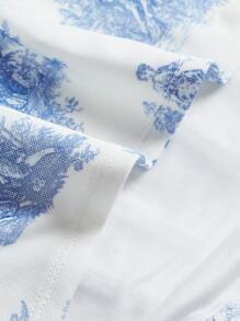 SHEIN MOD Landscape Print Square Neck Lettuce Trim Curved Hem Corset Structure Tee - Blue and White - View 3