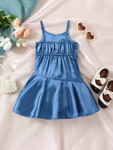 Baby Solid Satin Cami Dress - Blue - View 2