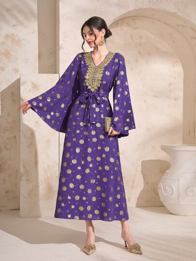 Al Najma Gold Floral Print Appliques Belted Kaftan, Modest