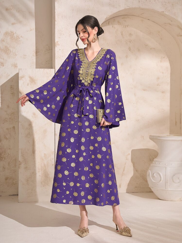 Al Najma Kaftan thắt lưng in hoa vàng, giản dị - Màu tím - Xem 1